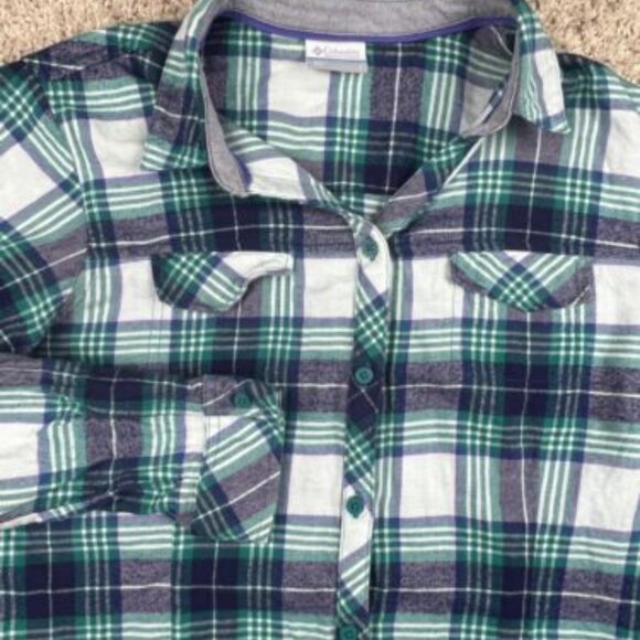Columbia Women's Button Up Flannel Size Large Green Plaid Flannel Outdoors - Picture 3 of 6